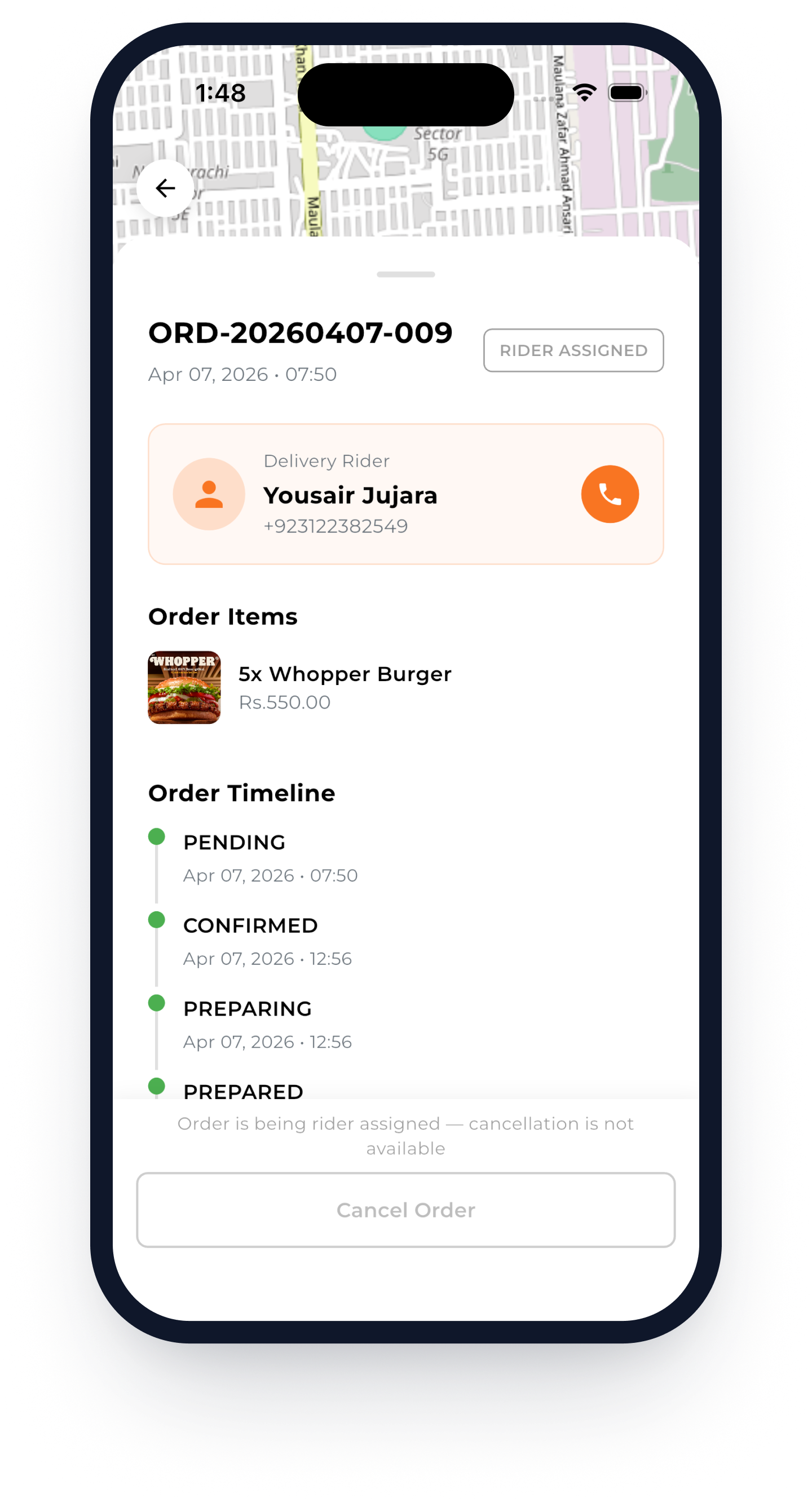 Live order tracking screen