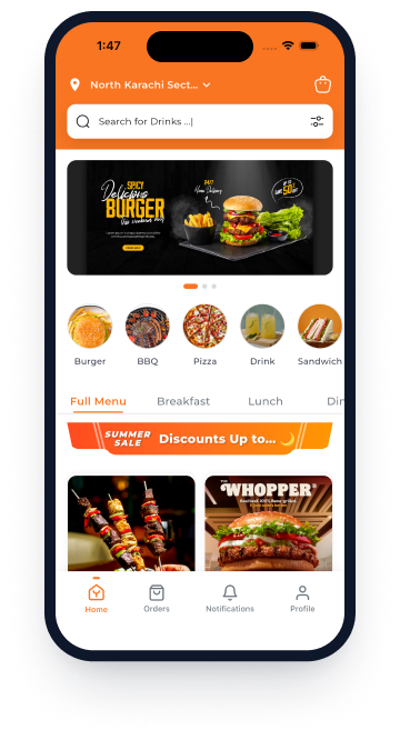 Food ordering app menu screen