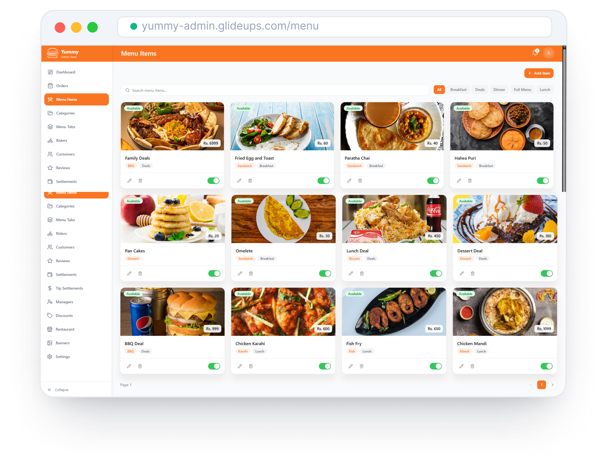 Yummy menu management panel